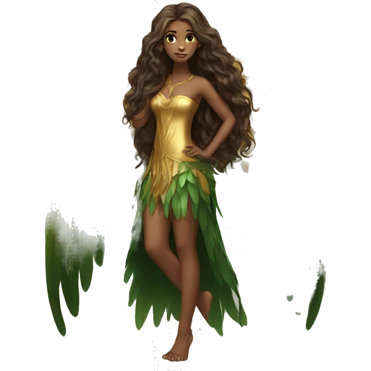 big wings, Beautiful, fairy, gold, brown, dark green, green, long hair emoji