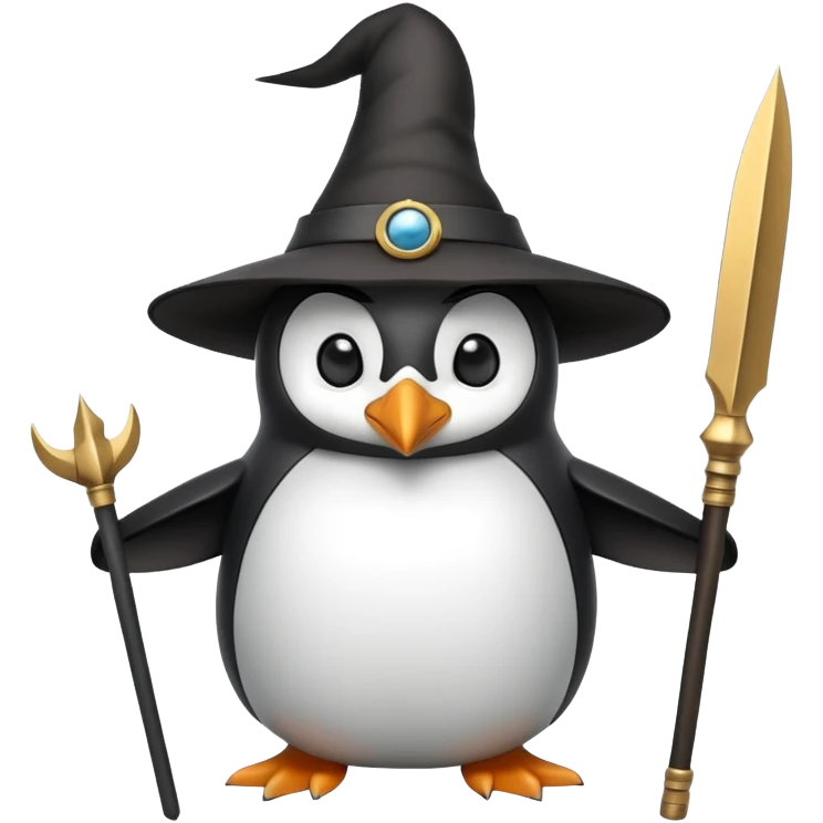 Penguin dressed as Odin with one eye, wearing a wide-brimmed hat and holding a spear emoji