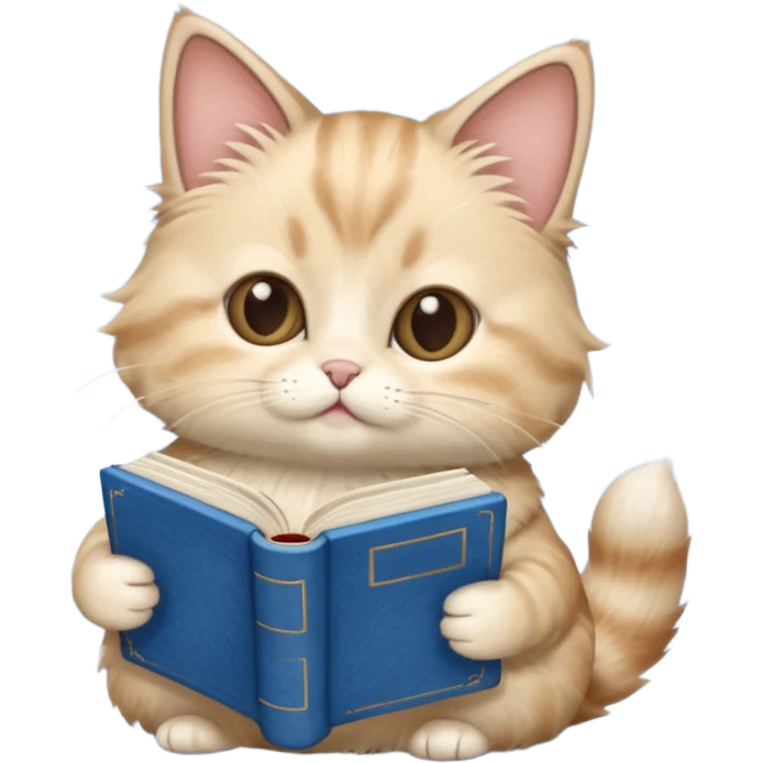 Beige munchkin cat reading blue book emoji