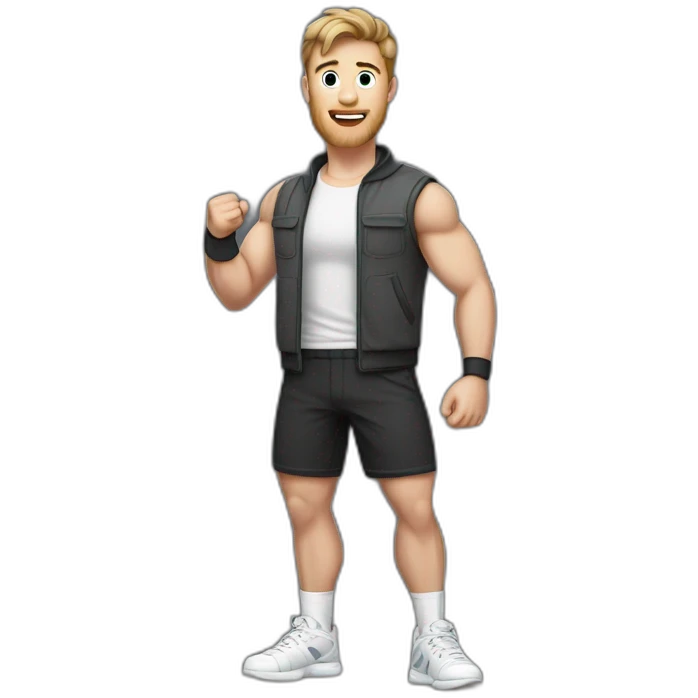 Full height Actively gesturing with hands Pale skinned Fit Man With the biceps and brown hair in dark gray Sleeveless Mike, black oversize sports shorts and white Sneakers emoji