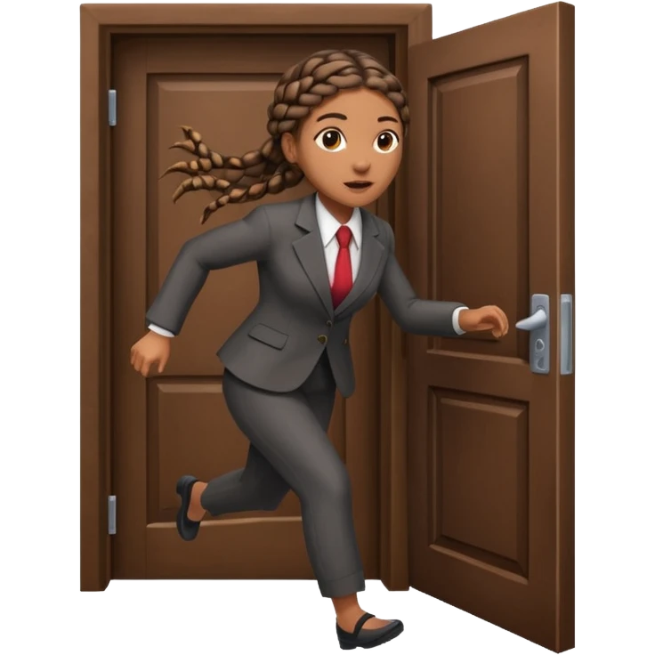brown skinned female with braids in business attire running out of door emoji