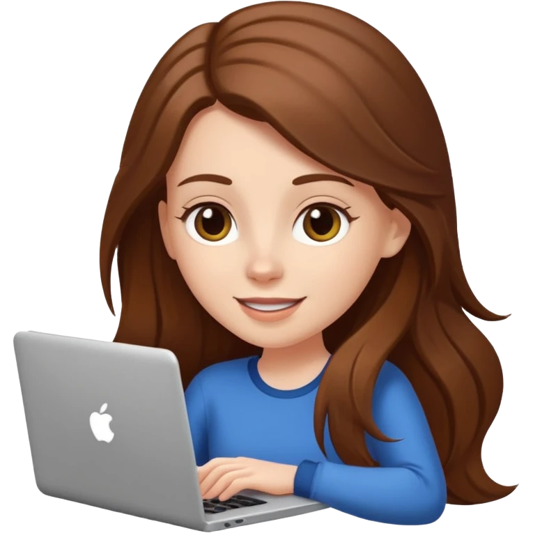 white girl with long brown hair using a laptop, cheerful emoji