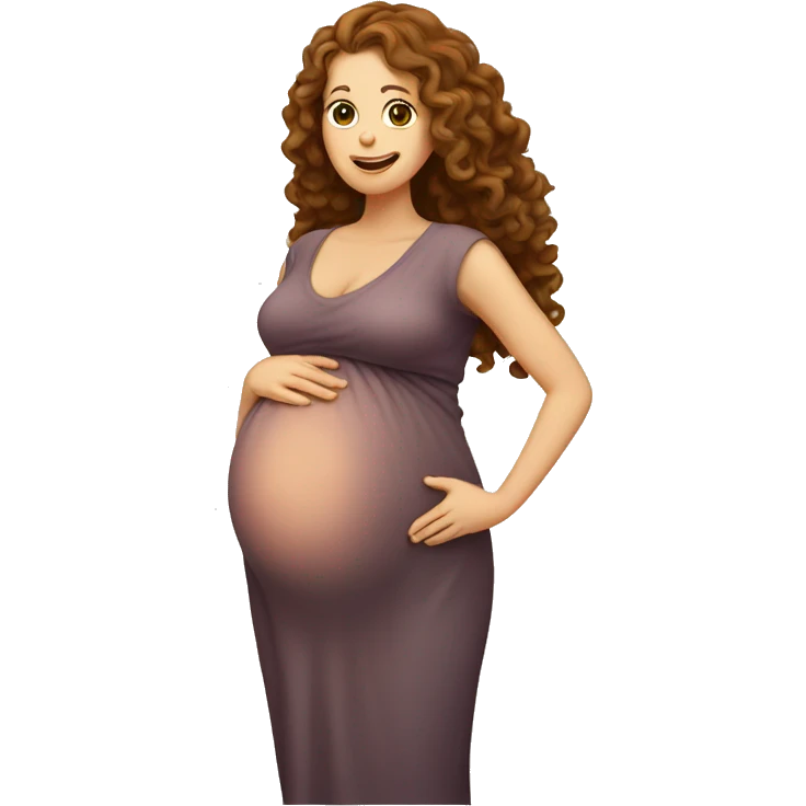 Pregnant white lady with long, brown, curly hair holding her belly emoji