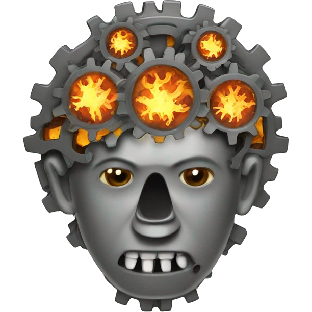 A brain made out of gears with flames licking out from between the gears emoji