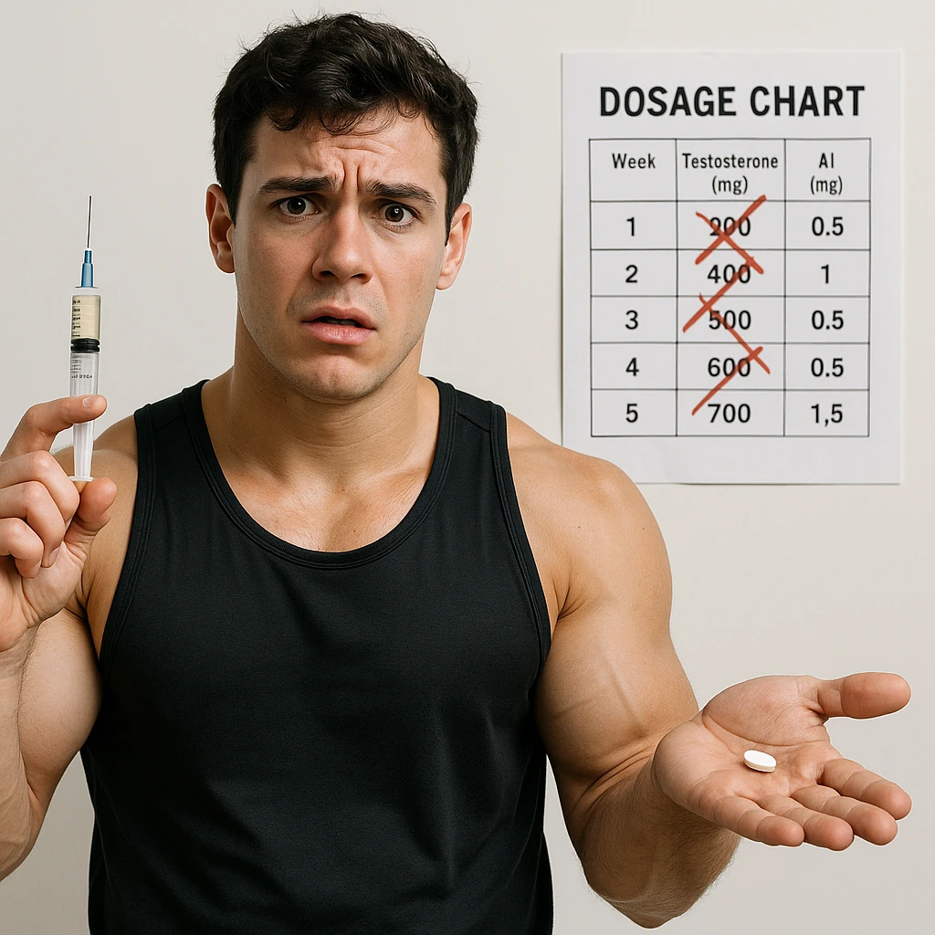 realistic young athlete with swollen muscles holding syringe of testosterone and pill of aromatase inhibitor, confused expression, dosage chart with errors, white background, 4K quality emoji