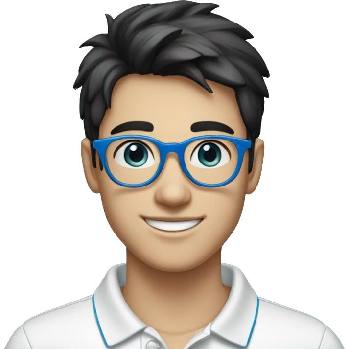 happy young man in his 20s, with black hair, blue eyes and light blue round glasses, white polo shirt with blue collar emoji