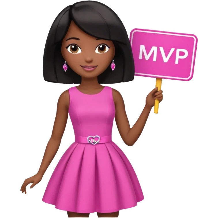 Dark skin Black barbie, short  black bob  hair, pink dress with a sign that says mvp emoji