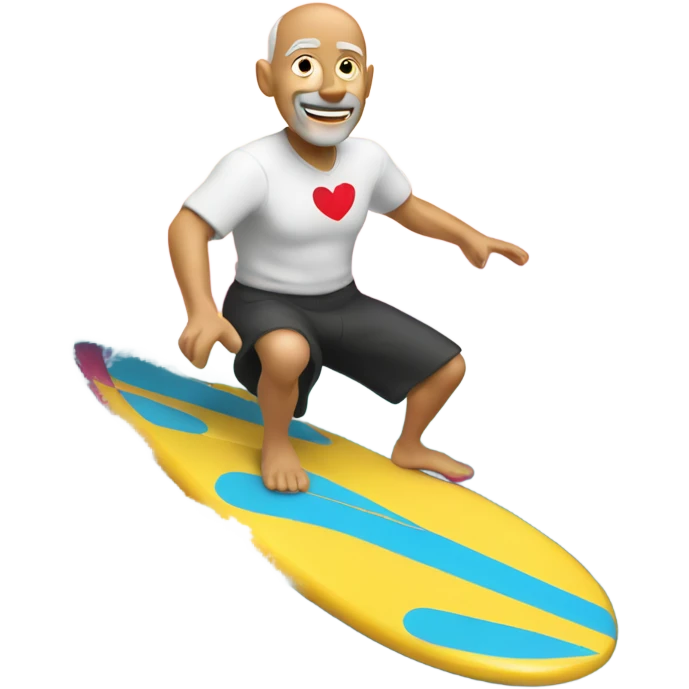 Old bald man surfing in Hawaii with hearts above him emoji
