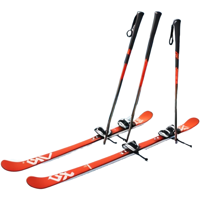 An icon featuring a pair of skis and ski poles in the foreground, set against a picturesque snow-covered slope. The background includes snowy peaks and evergreen trees, symbolizing the excitement and beauty of winter sports. Transparent background highlights the thrill of skiing and snowboarding. emoji