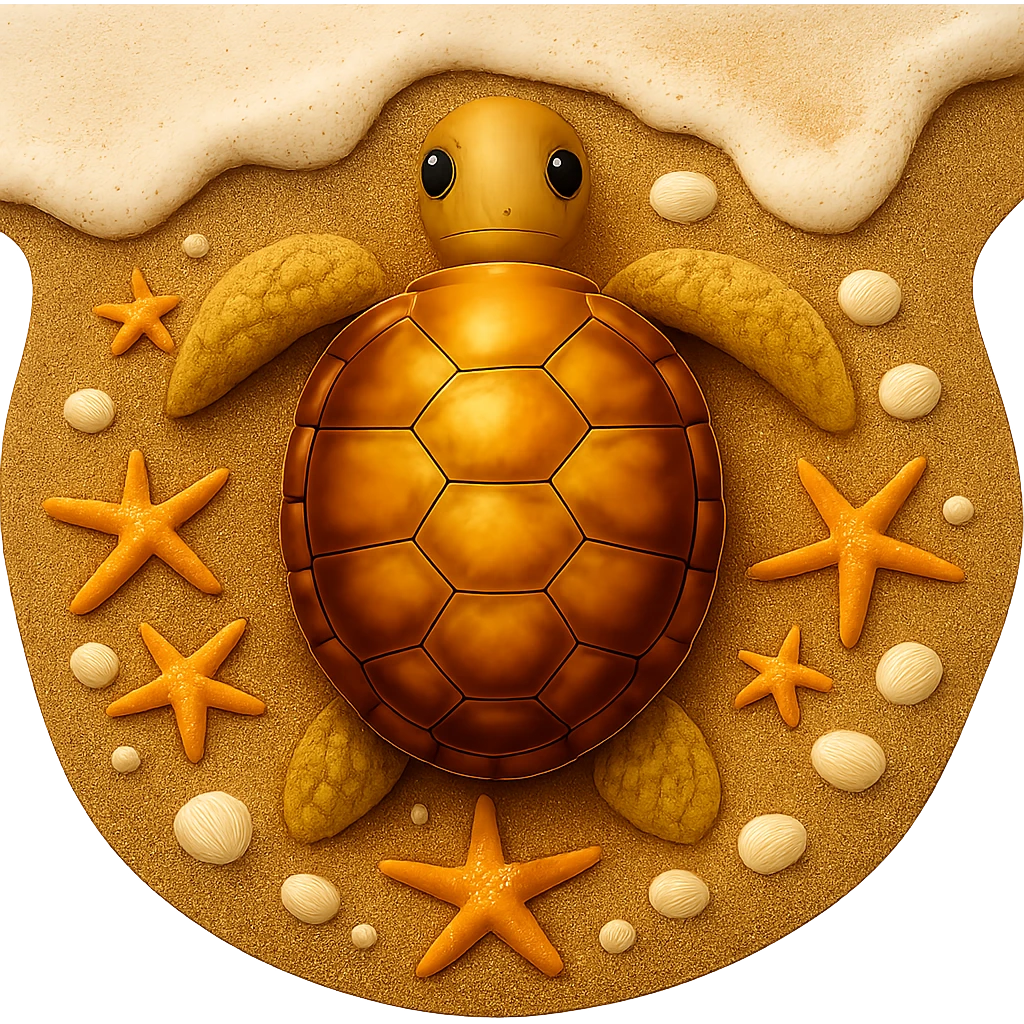 Add a gentle wave edge to the wet sand in a top-down view, styled like apple emojis, with a transparent background if present. emoji