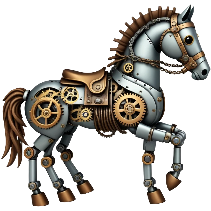 Horse made of visible mechanical parts with gears, cogs, wires, and rope components, steampunk style emoji
