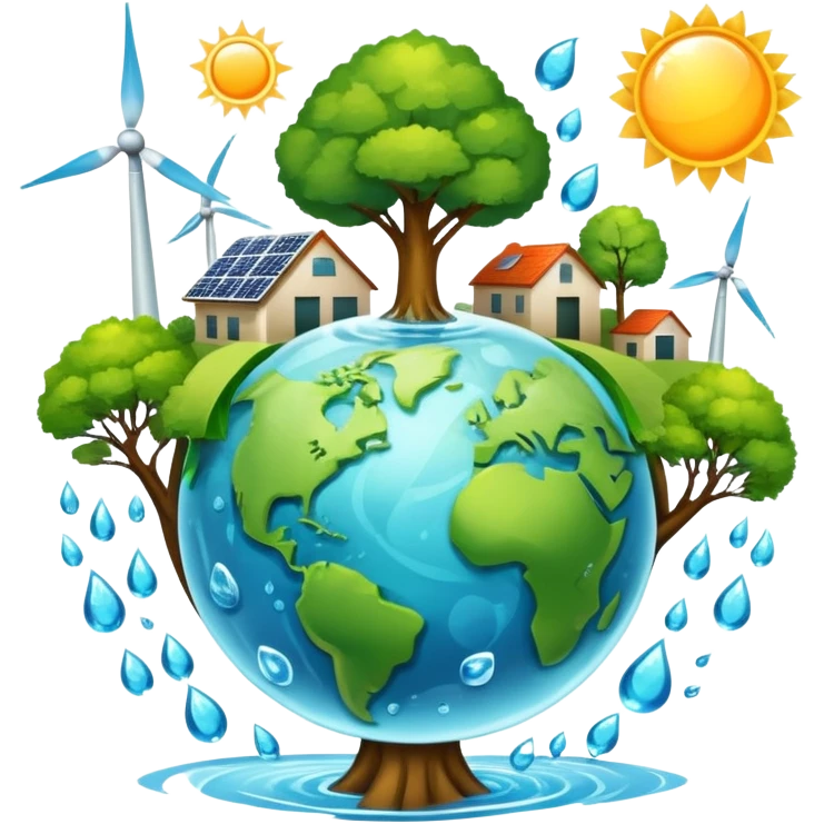 An icon featuring a green Earth, a tree, recycling symbols, and renewable energy sources like wind turbines, solar panels, and hydropower. The design includes animals, water droplets, and the sun, representing ecology, sustainable energy, and environmental protection. Transparent background. emoji