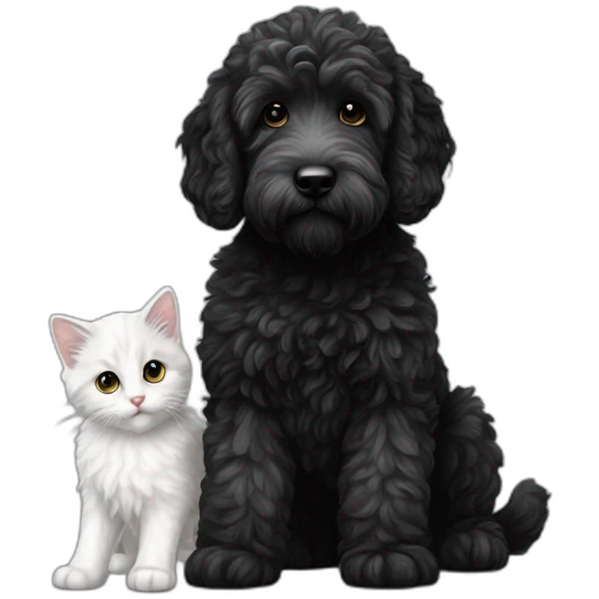 All Black adult labradoodle and a white grey kitten emoji