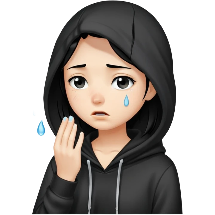 girl with black hair in black hoodie with tears streaming down her face emoji