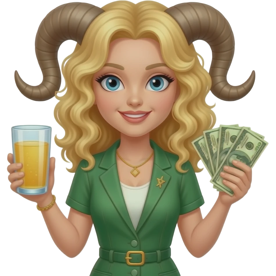 Девушка знака зодиака телец в зелёной одежде с русыми кудрявыми волосами , она держит бокал в руке и деньги emoji