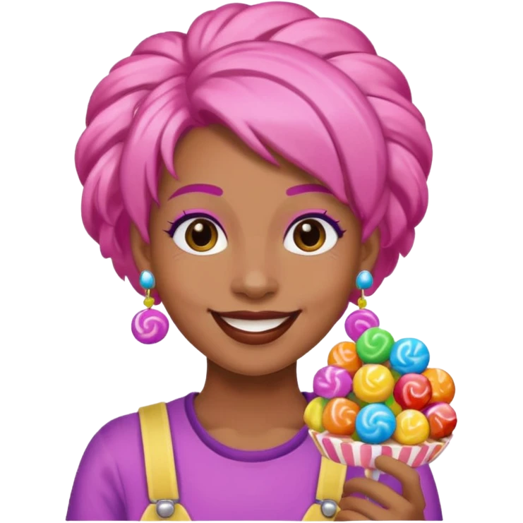 candy shop vendor, looking like candy with candy earrings and candy hair emoji