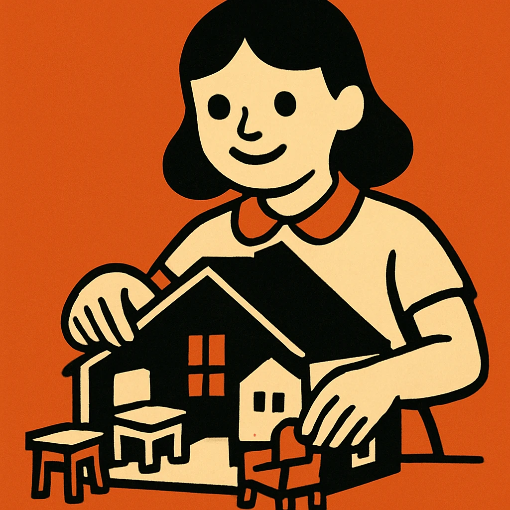smiling girl arranging furniture in doll house emoji
