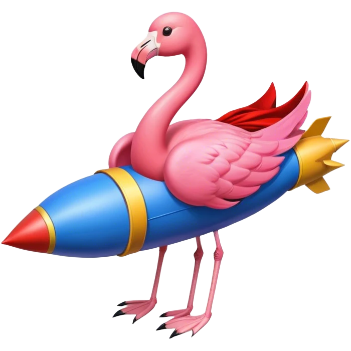 Flamingo with Supermancape sitting on a rocket emoji