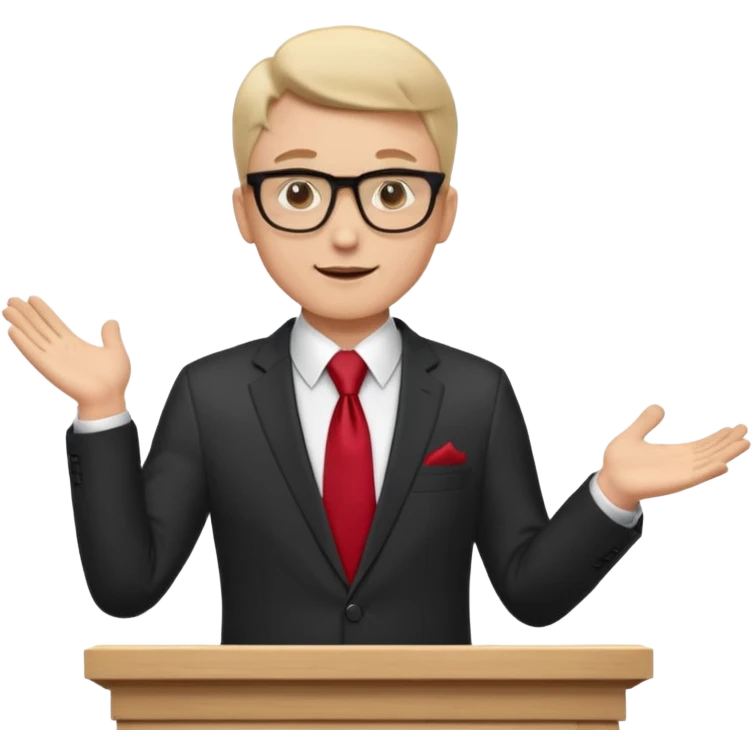 A professional clean-shaven man in a dark business suit and red tie standing behind a podium, confidently delivering a speech. Hands slightly open in a welcoming gesture, soft studio lighting, neutral dark background, friendly facial expression, glasses, elegant and corporate look. emoji