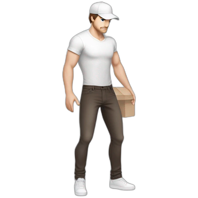 Pale skinned fit Man with dark brown hair in a light gray cap, dark brown jeans, brown polo and white T-shirt keeping a pasted with tape white box into his hands emoji