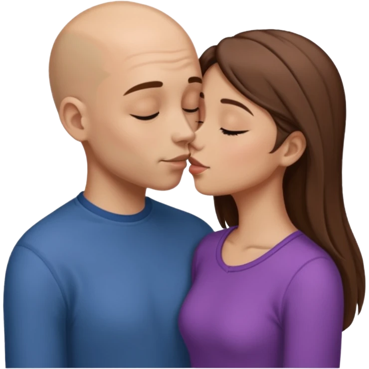 Tall Bald boy kissing a girl who has straight brown hair and is shorter than him emoji