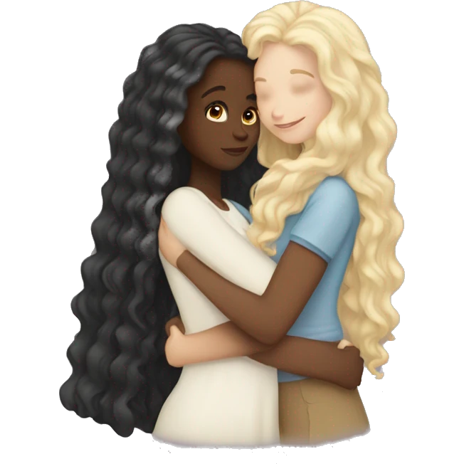 black girl with long curly hair hugging white girl with long brown hair emoji