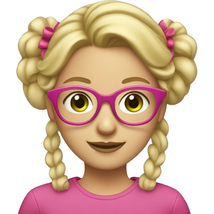 blonde girl in pink glasses, hairstyle in two bunches on her head. She has green eyes, a beautiful smile emoji
