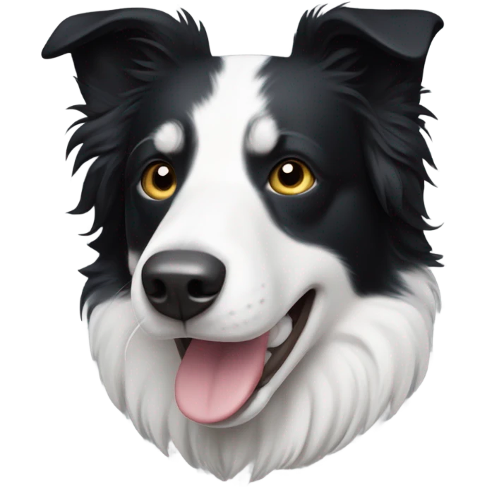 A black and white border collie with an skewed to the left white spot on his head emoji