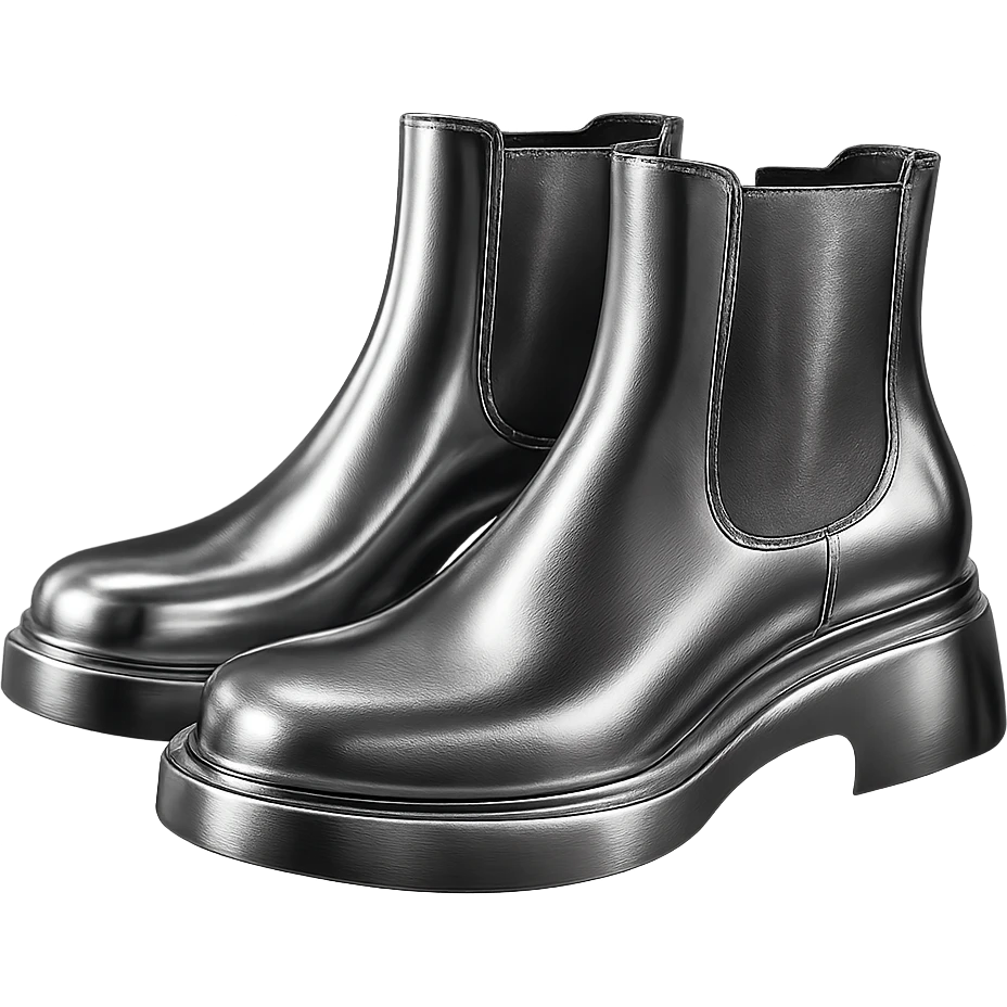 Bottega Veneta boots in 3D chrome style, shiny metallic finish, modern design, simple background emoji