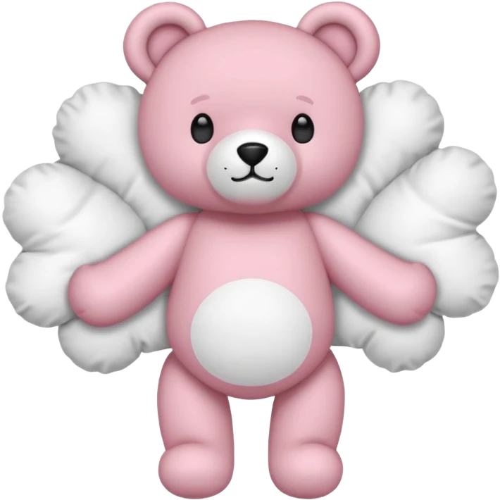 standing pink teddy bear, dynamic boxer pose, floral neck pillow, holding frilly white cloud pillow, simple and iconic, iPhone emoji style emoji