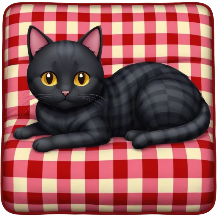 A black cat on a cosy checkered blanket emoji