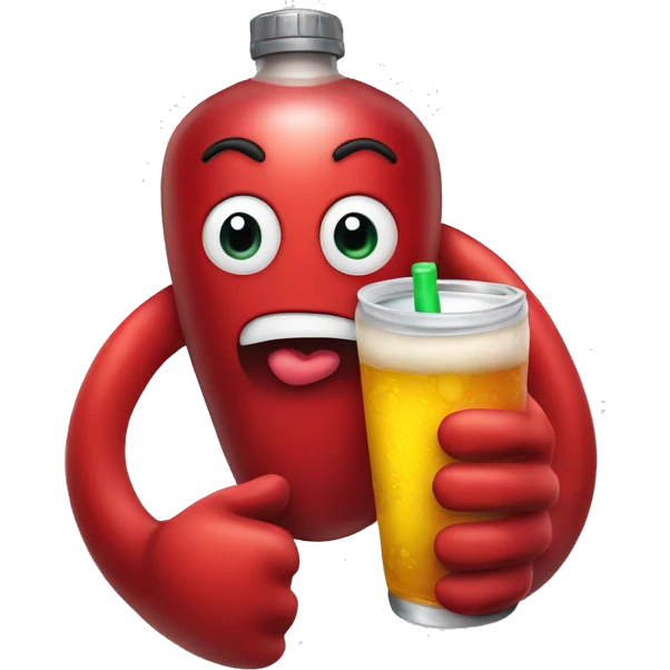 A red heart ❤️ with eyes, a mouth, and hands, looking drunk, holding a drink bottle, with a wobbly and tipsy expression. emoji