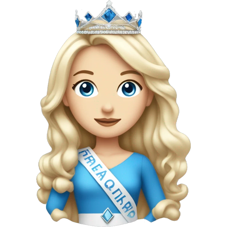 White girl  with blue eyes Pageant queen with sash trimmed in blackand crown on full body emoji