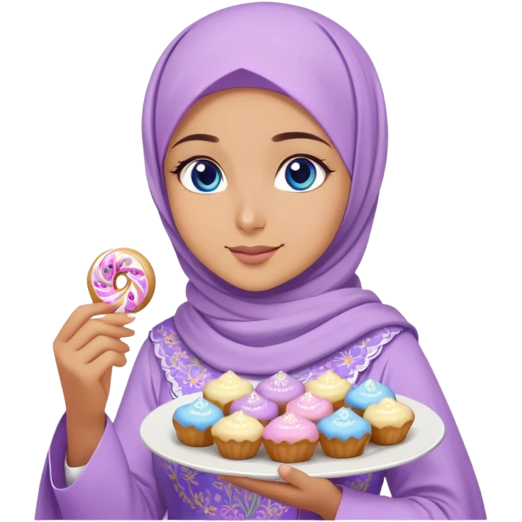 Turkish beautiful finish Konya girl blue eyes with lilac floral hijab islamic dress and had on her hand text Eid Mubarak with sweets and celebrating with her friends eid days   emoji