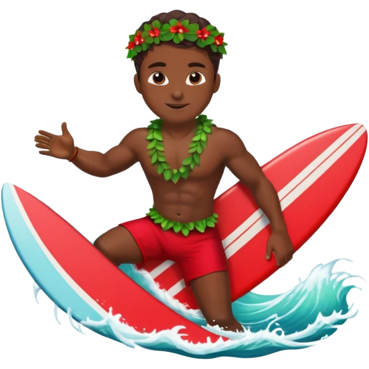 Dark muscular surfer riding big wave wearing red shorts and a head leaf lei and shell necklace emoji