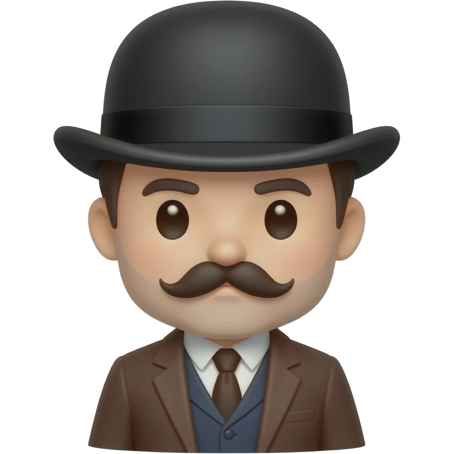 Chibi Doctor Watson icon, bowler hat, mustache, brown suit, emoji
