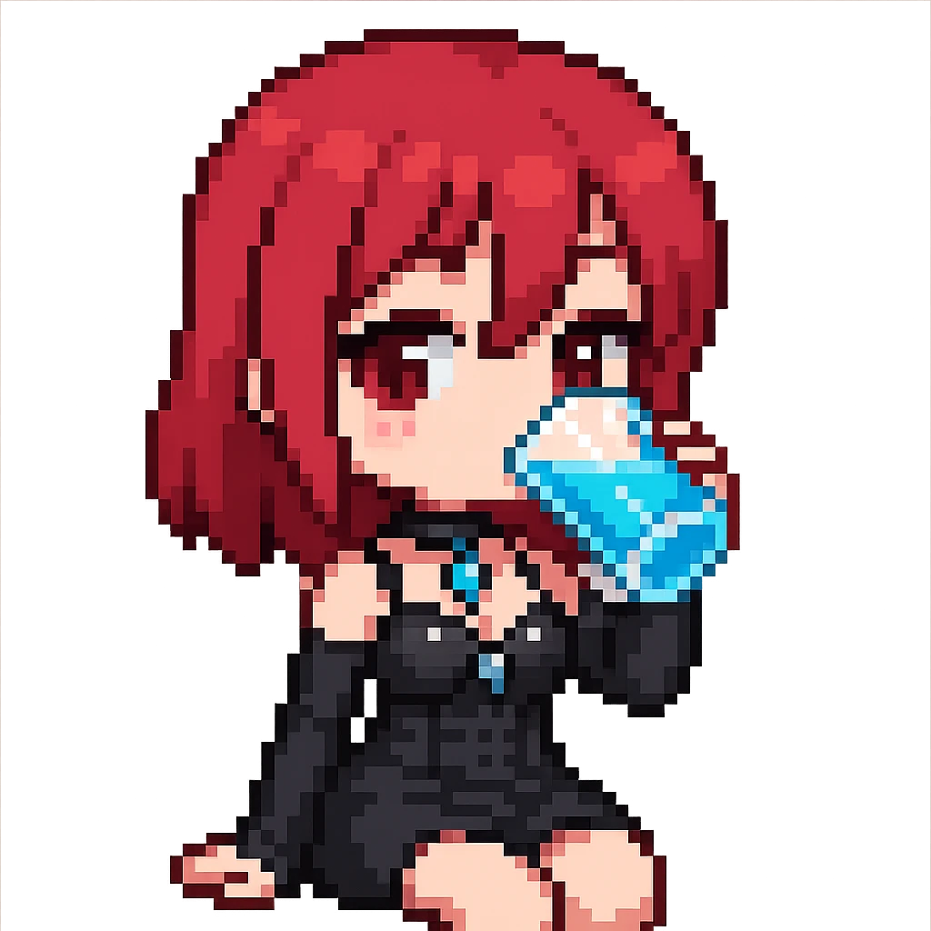 Make the character more chibi with red cherry hair instead of red curly hair, keep the goth style, and depict her drinking water. The style should be pixel art with no background. emoji