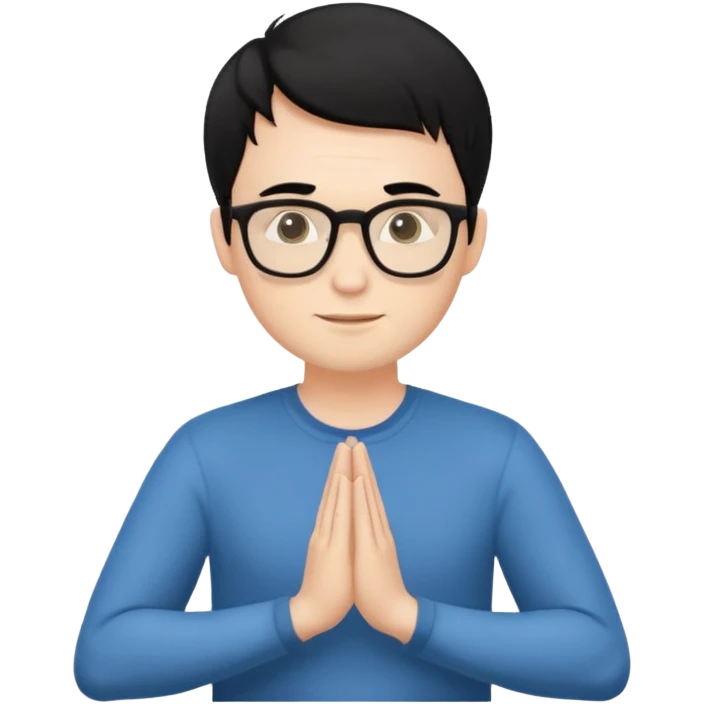 A white Man with black hair doing namaste with wearing specs emoji
