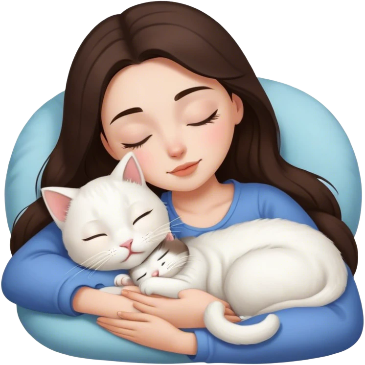White kitty sleeping on brunette white girl's lap emoji