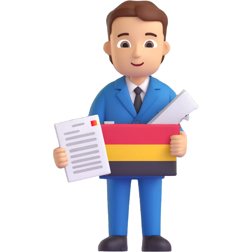 3D style official friendly universal character with a document and German flag motif, citizenship app icon, no specific gender or ethnicity emoji