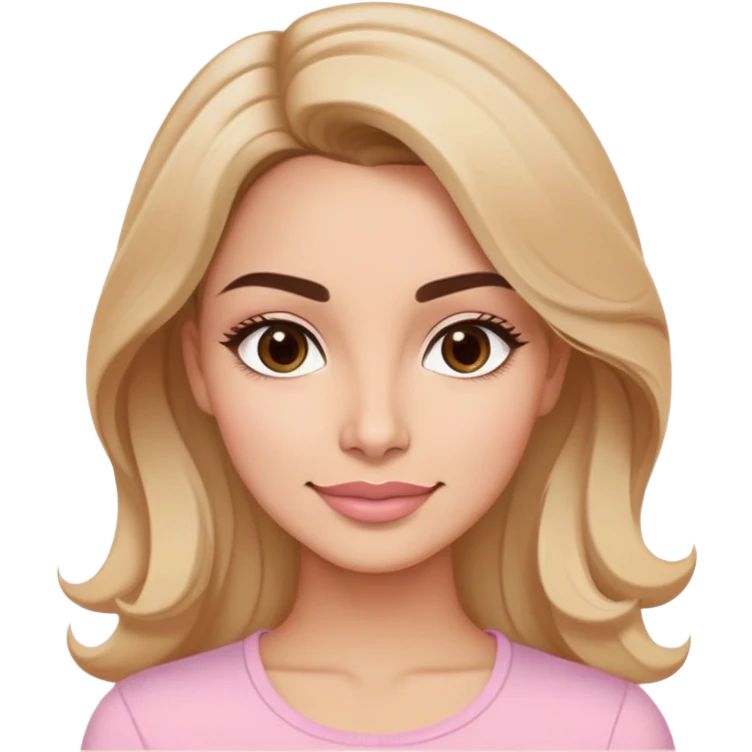 Puerto Rican actress in her early 30s with oval face, soft features, defined but not prominent cheekbones, sweet expression, large almond light brown eyes, well-defined medium eyebrows, straight nose, medium lips with fresh smile, long slightly wavy dark blonde hair, wearing a light pastel pink top emoji