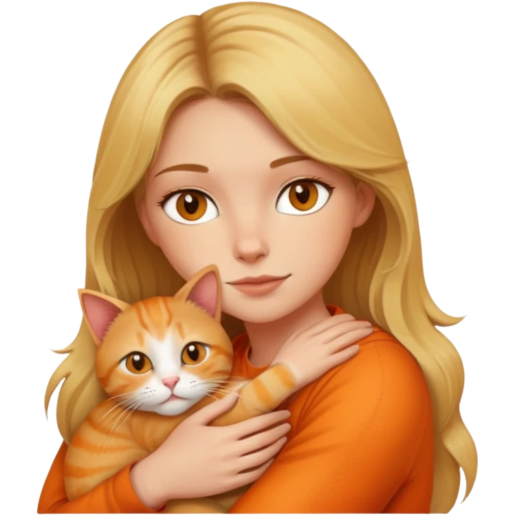 dirty blonde haired woman with hazel eyes, hugging an orange cat emoji
