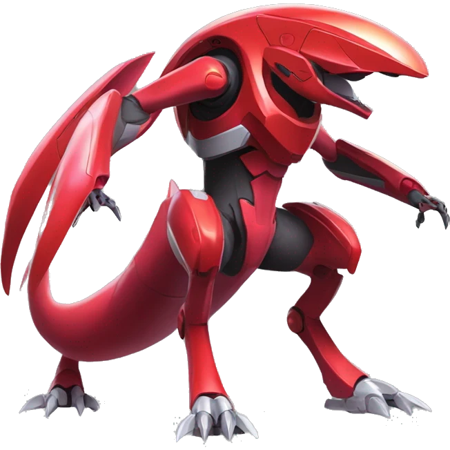 a shiny red Genesect-Raptor-Fakémon—hybrid with a futuristic visor-helmet full body emoji