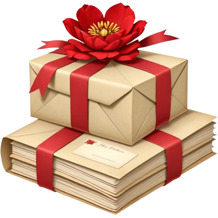 A beautifully arranged Stack of aged letters, tied with a red ribbon, envelopes, corespondence, aesthetic, red flower petals around, mails emoji
