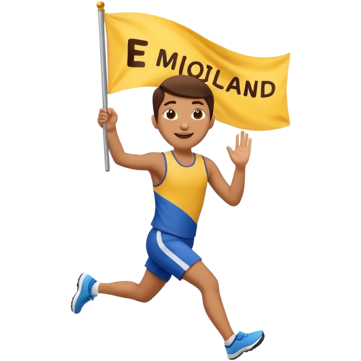 happy runner waving a flag that says 'emojiland' emoji