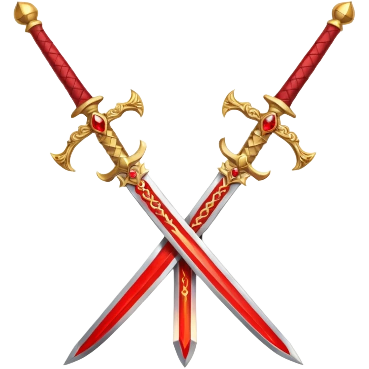 Two crossed swords that are golden in blade and handle and have fiery and royal appearence to them as well as red gem stones emoji