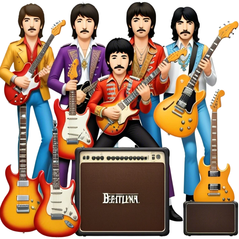 Rock music icon: dynamic collage of global rock legends like The Beatles, Jimi Hendrix, Elvis Presley, Led Zeppelin, Queen, and Nirvana, surrounded by guitars, amplifiers, and stage lights. Symbolizing the energy and power of rock music. Transparent background. emoji