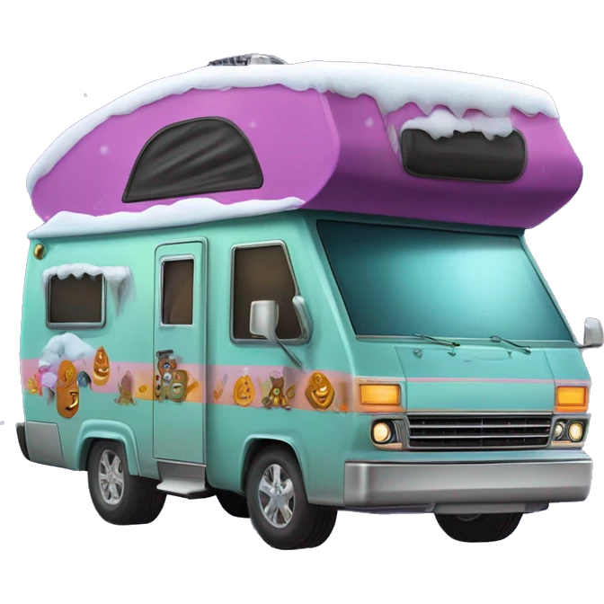 very expensive but haunted horror dream rv camper for Scooby Doo and the kids in the gang and Barbie while it’s cold and snowing hard outside. A Spare Tire with it’s cover is attached to front of the vehicle.  emoji