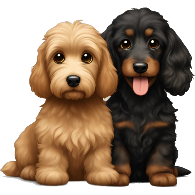 Brown medium size goldendoodle and black and tan and cream longhair dachshund sitting together  emoji