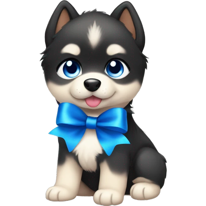 One black and beige pomsky puppy with blue eyes and a blue ribbon in his head really cute and adorable  emoji